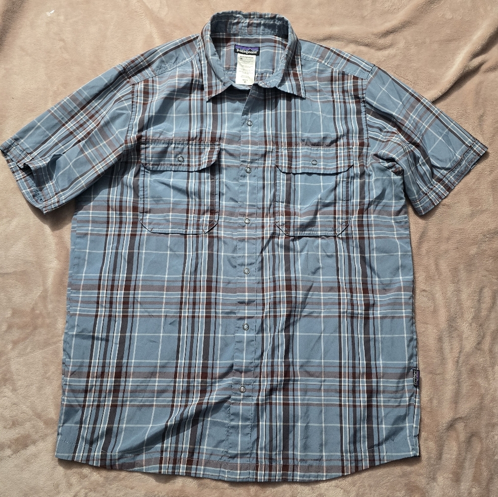 Patagonia El Ray Worn Wear Snap Button Shirt Blue Plaid Short Sleeve Size Medium